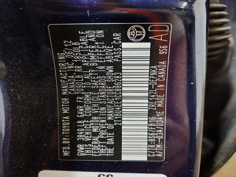 64612086 :رقم المزاد ، 2T1BU4EE1CC886283 vin ، 2012 Toyota Corolla مزاد بيع
