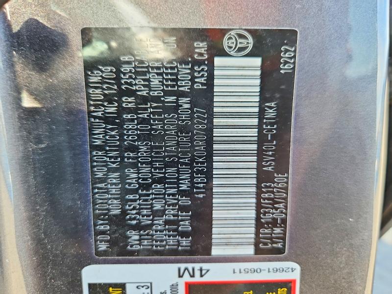Продажа на аукционе авто 2010 Toyota Camry, vin: 4T4BF3EK0AR078227, номер лота: 63761916