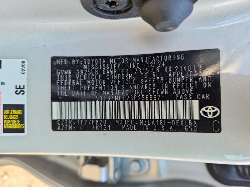 2025 Toyota Corolla მანქანა იყიდება აუქციონზე, vin: 5YFB4MDE2SP256997, აუქციონის ნომერი: 64746986