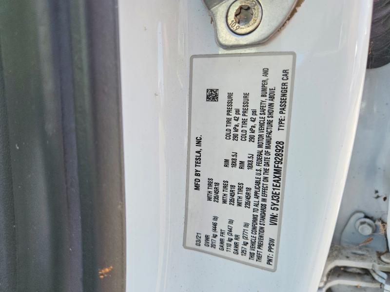 63656206 :رقم المزاد ، 5YJ3E1EAXMF928928 vin ، 2021 Tesla Model 3 مزاد بيع