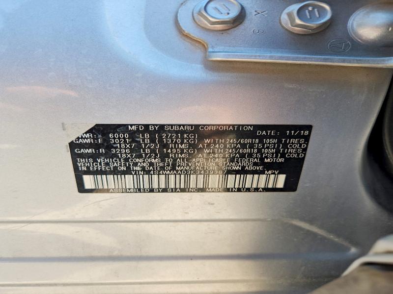 64566366 :رقم المزاد ، 4S4WMAAD3K3439387 vin ، 2019 Subaru Ascent مزاد بيع