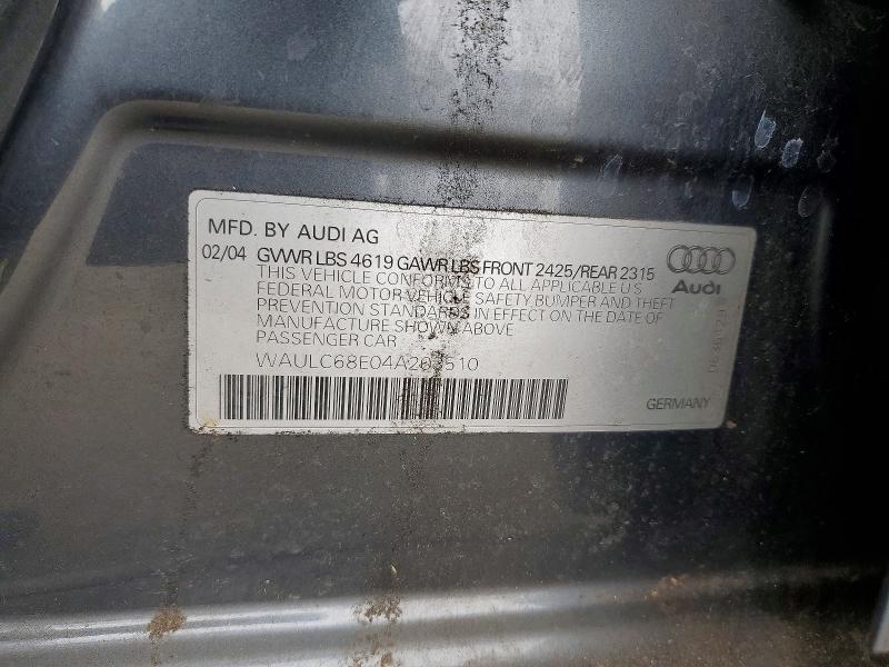 Aukcja sprzedaży 2004 Audi A4, vin: WAULC68E04A203510, numer aukcji: 67131796