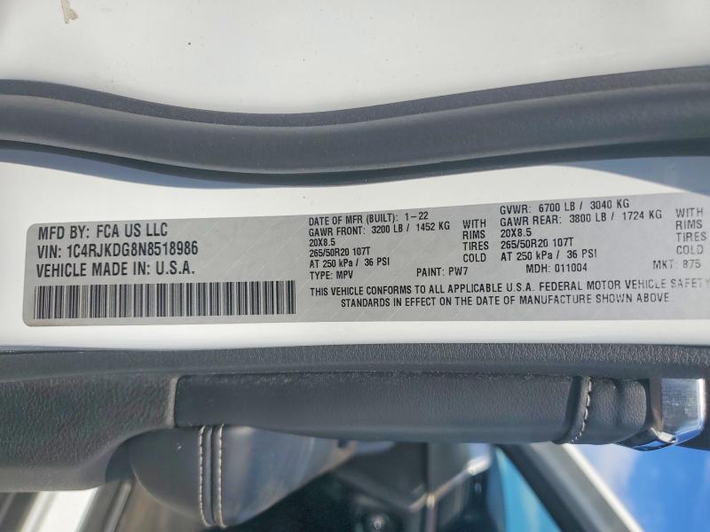 65824026 :رقم المزاد ، 1C4RJKDG8N8518986 vin ، 2022 Jeep Grand Cherokee مزاد بيع