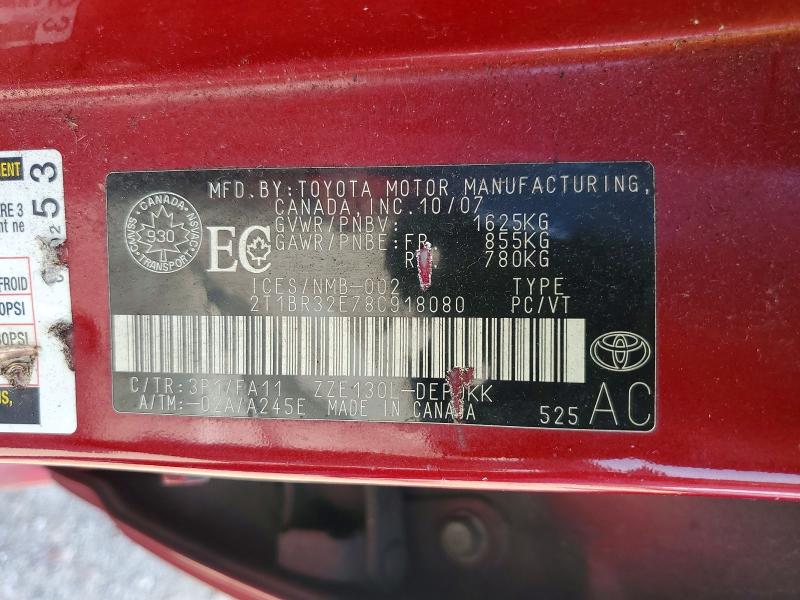 65811006 :رقم المزاد ، 2T1BR32E78C918080 vin ، 2008 Toyota Corolla مزاد بيع