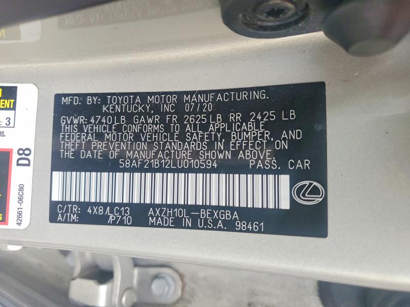 Aukcja sprzedaży 2020 Lexus Es, vin: 58AF21B12LU010594, numer aukcji: 62334936