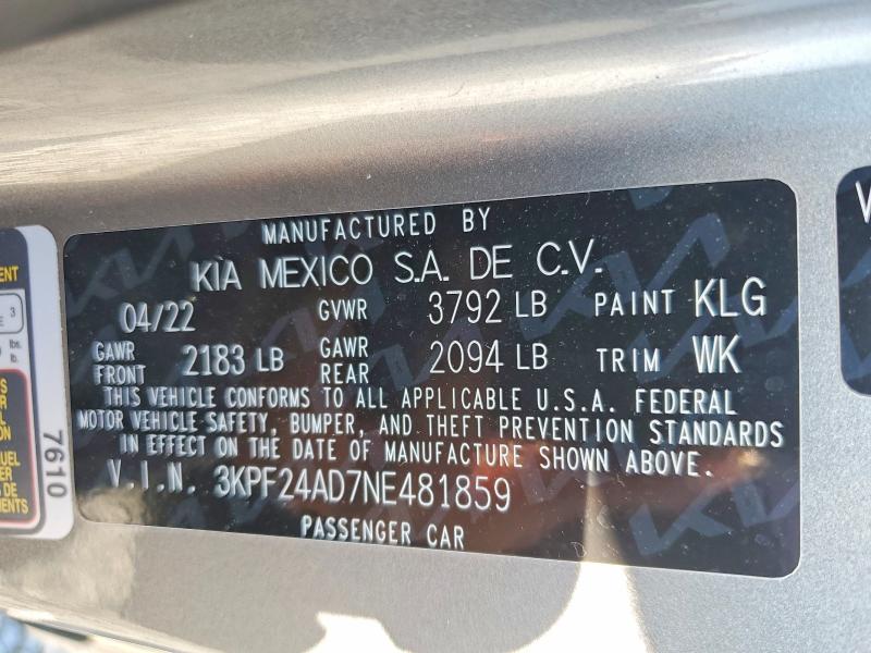 Продажа на аукционе авто 2022 Kia Forte, vin: 3KPF24AD7NE481859, номер лота: 64537336