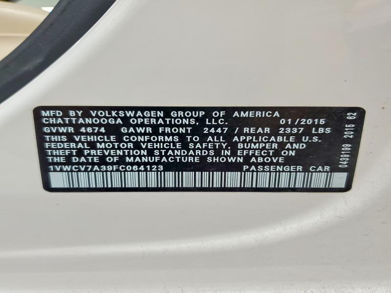 65874736 :رقم المزاد ، 1VWCV7A39FC064123 vin ، 2015 Volkswagen Passat مزاد بيع