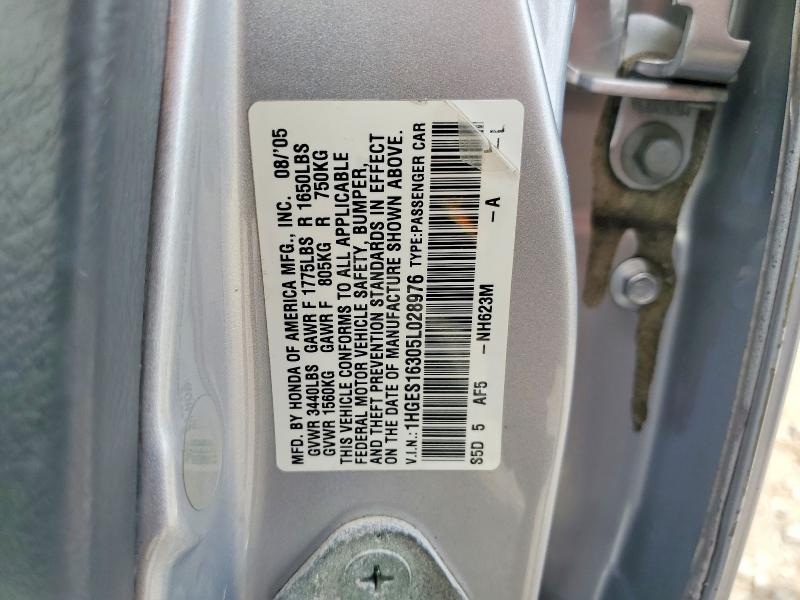 63524116 :رقم المزاد ، 1HGES16305L028976 vin ، 2005 Honda Civic مزاد بيع