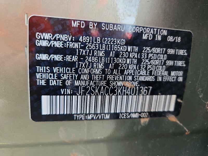 Продаж на аукціоні авто 2019 Subaru Forester, vin: JF2SKACC3KH401367, номер лоту: 64586026