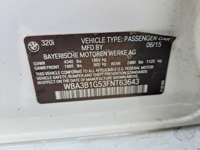 Продаж на аукціоні авто 2015 Bmw 320, vin: WBA3B1G53FNT63643, номер лоту: 65139716