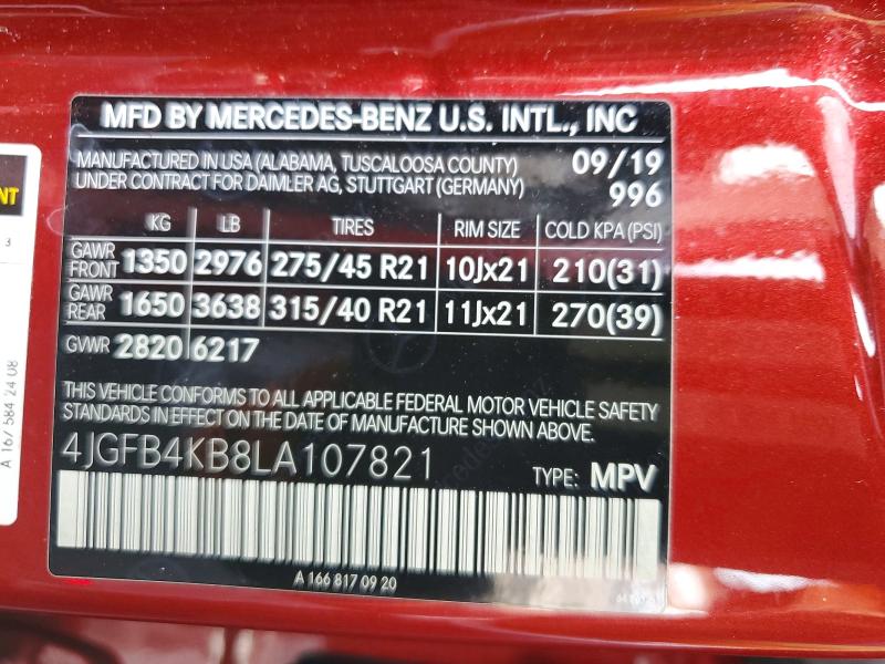 64638426 :رقم المزاد ، 4JGFB4KB8LA107821 vin ، 2020 Mercedes-benz Gle مزاد بيع