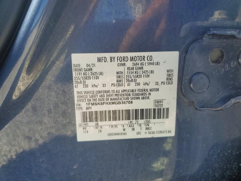65292256 :رقم المزاد ، 1FMSK8FHXMGB36708 vin ، 2021 Ford Explorer مزاد بيع