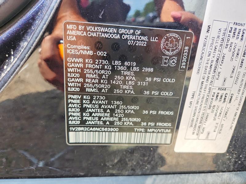 66101036 :رقم المزاد ، 1V2BR2CA6NC563900 vin ، 2022 Volkswagen Atlas مزاد بيع