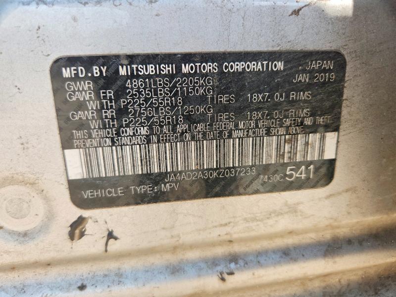 2019 Mitsubishi Outlander მანქანა იყიდება აუქციონზე, vin: JA4AD2A30KZ037233, აუქციონის ნომერი: 66241426