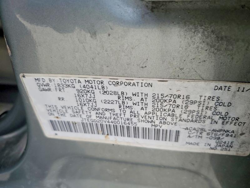 2004 Toyota Rav4 მანქანა იყიდება აუქციონზე, vin: JTEGD20V440016455, აუქციონის ნომერი: 65389256