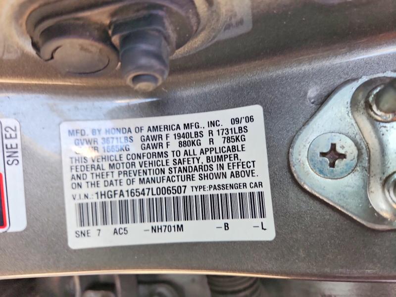 Продажа на аукционе авто 2007 Honda Civic, vin: 1HGFA16547L006507, номер лота: 64702856