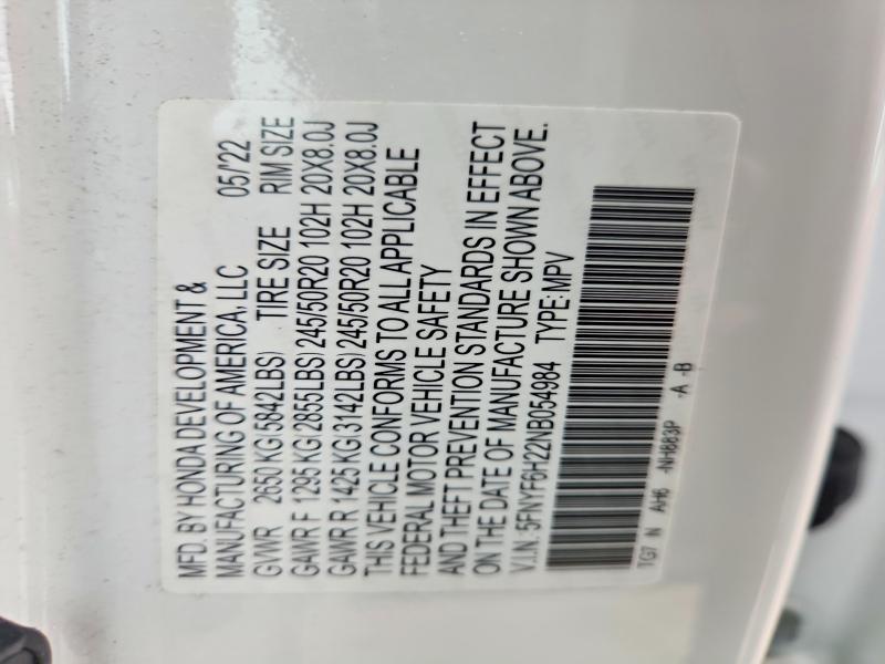 Aukcja sprzedaży 2022 Honda Pilot, vin: 5FNYF6H22NB054984, numer aukcji: 64581296
