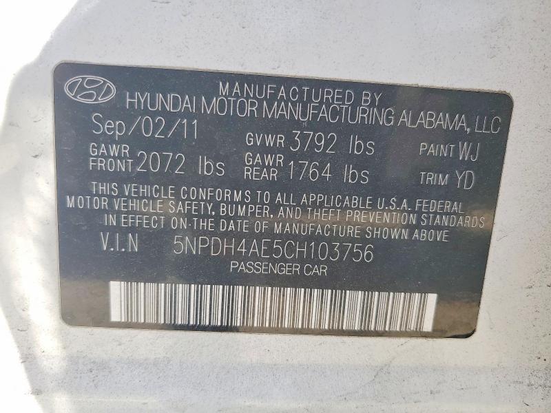 Aukcja sprzedaży 2012 Hyundai Elantra, vin: 5NPDH4AE5CH103756, numer aukcji: 66108076