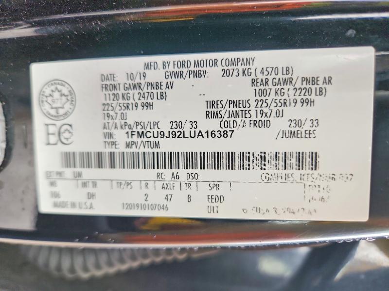 Продаж на аукціоні авто 2020 Ford Escape, vin: 1FMCU9J92LUA16387, номер лоту: 64514576
