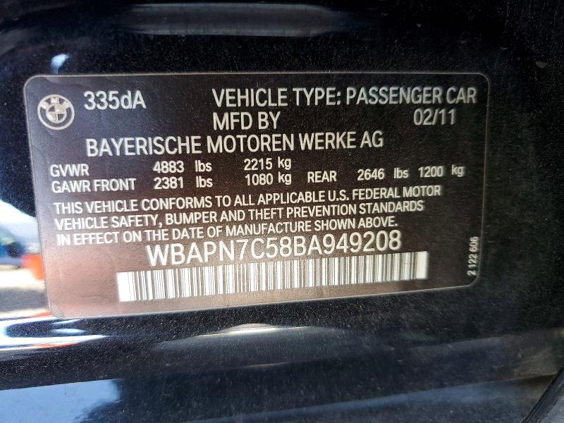 63754666 :رقم المزاد ، WBAPN7C58BA949208 vin ، 2011 Bmw 335 مزاد بيع