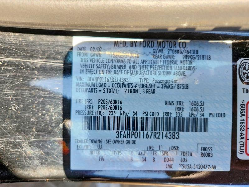 2007 Ford Fusion მანქანა იყიდება აუქციონზე, vin: 3FAHP01167R214383, აუქციონის ნომერი: 64066156