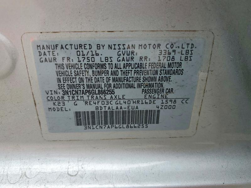 Aukcja sprzedaży 2016 Nissan Versa, vin: 3N1CN7AP6GL866255, numer aukcji: 63507826