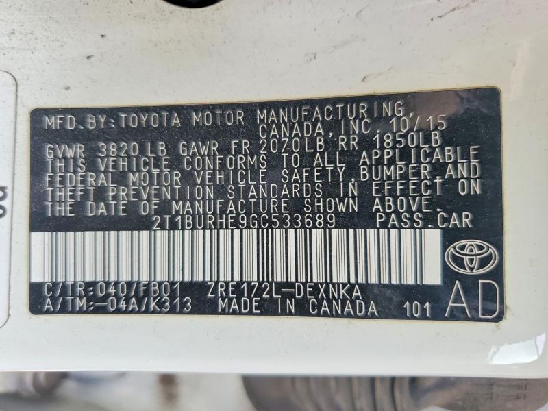 65734006 :رقم المزاد ، 2T1BURHE9GC533689 vin ، 2016 Toyota Corolla مزاد بيع