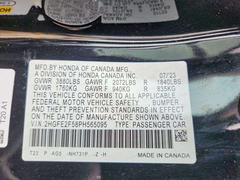 2023 Honda Civic მანქანა იყიდება აუქციონზე, vin: 2HGFE2F58PH565095, აუქციონის ნომერი: 65050836