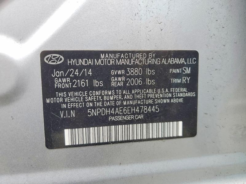 2014 Hyundai Elantra მანქანა იყიდება აუქციონზე, vin: 5NPDH4AE6EH478445, აუქციონის ნომერი: 63701826