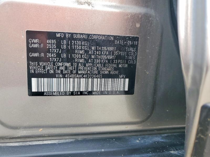 2019 Subaru Outback მანქანა იყიდება აუქციონზე, vin: 4S4BSAHC4K3226465, აუქციონის ნომერი: 63289186