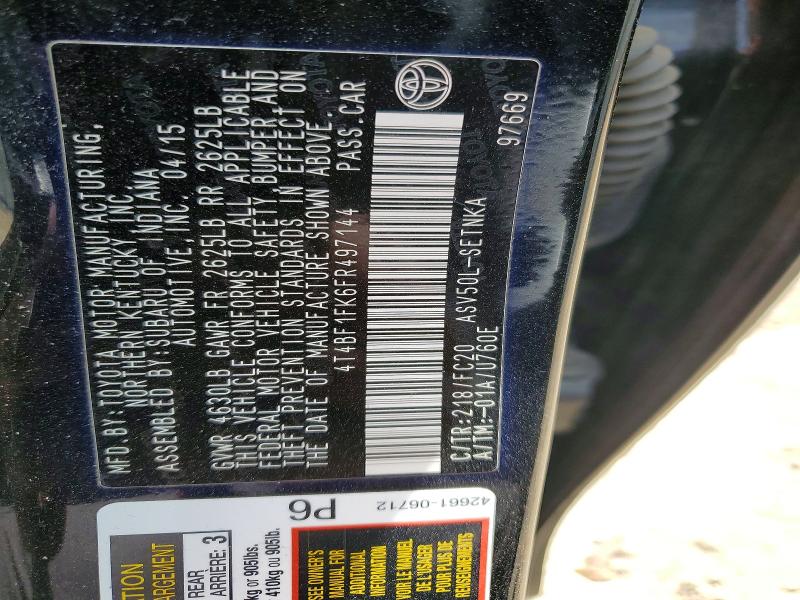 2015 Toyota Camry მანქანა იყიდება აუქციონზე, vin: 4T4BF1FK6FR497144, აუქციონის ნომერი: 65124976