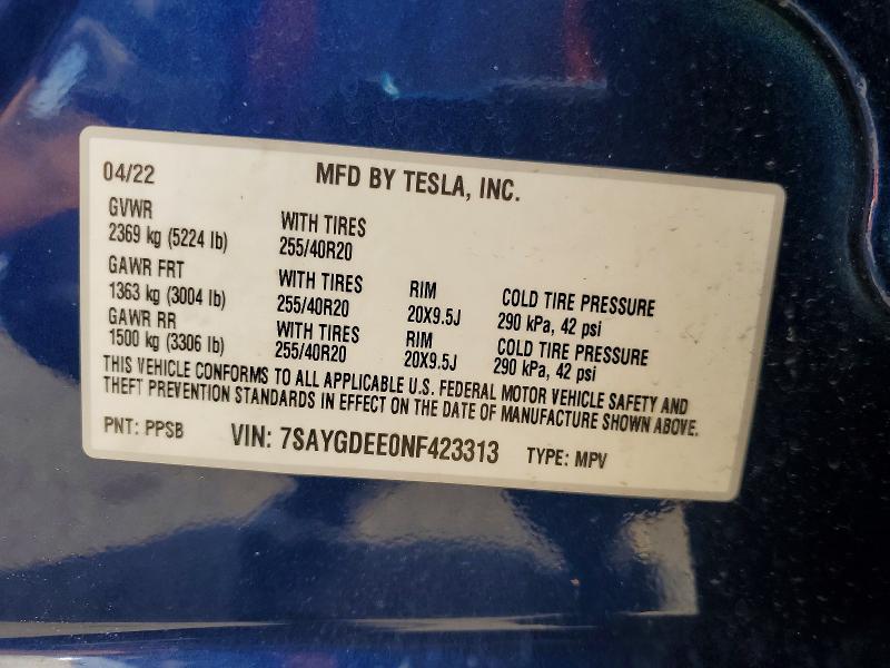 Продаж на аукціоні авто 2022 Tesla Model Y, vin: 7SAYGDEE0NF423313, номер лоту: 65877096