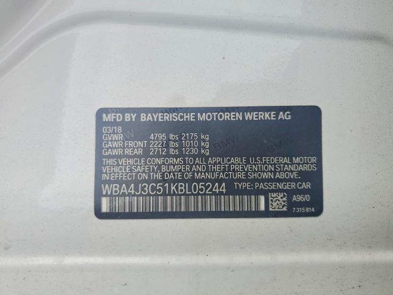 2019 Bmw 430xi მანქანა იყიდება აუქციონზე, vin: WBA4J3C51KBL05244, აუქციონის ნომერი: 63570806