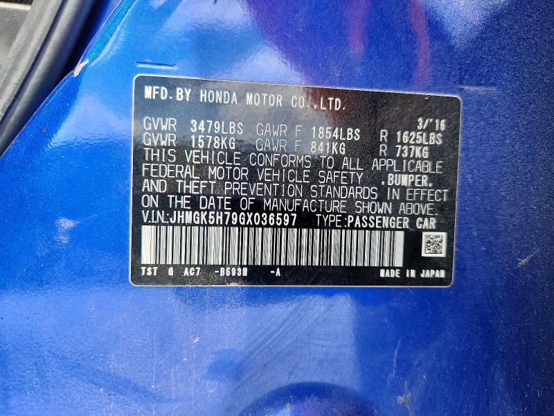 67259466 :رقم المزاد ، JHMGK5H79GX036597 vin ، 2016 Honda Fit مزاد بيع
