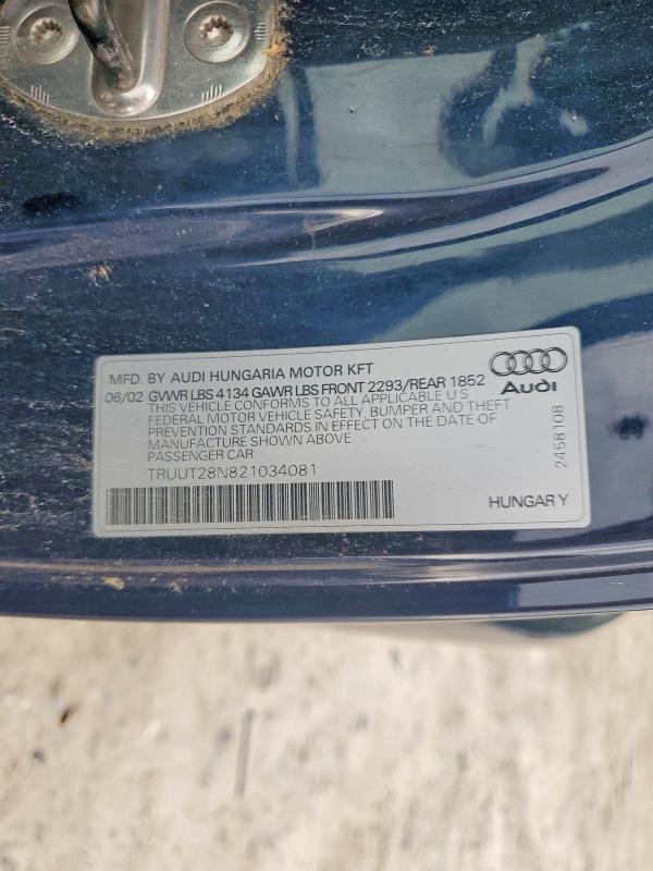 63730186 :رقم المزاد ، TRUUT28N821034081 vin ، 2002 Audi Tt مزاد بيع
