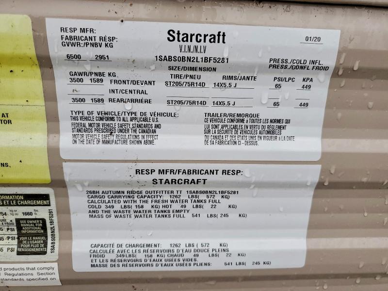 2020 Starcraft Autumn Ridge მანქანა იყიდება აუქციონზე, vin: 1SABS0BN2L1BF5281, აუქციონის ნომერი: 64431596