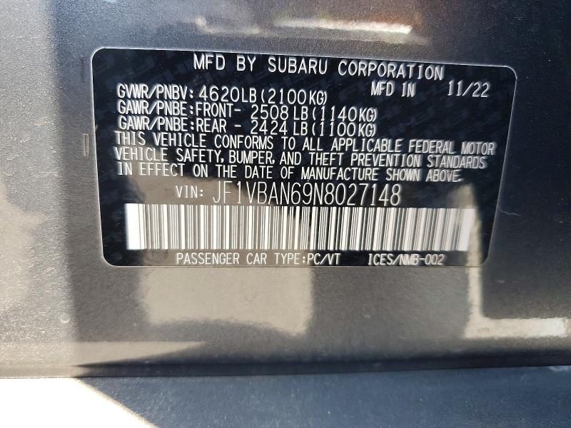 Aukcja sprzedaży 2022 Subaru Wrx, vin: JF1VBAN69N8027148, numer aukcji: 65754946
