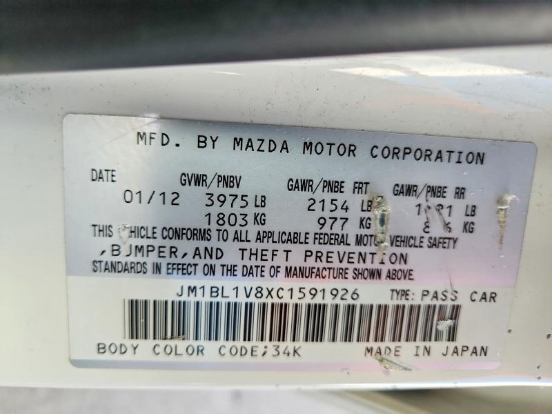 Aukcja sprzedaży 2012 Mazda 3, vin: JM1BL1V8XC1591926, numer aukcji: 66074256