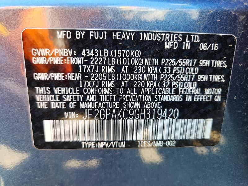 Aukcja sprzedaży 2016 Subaru Crosstrek, vin: JF2GPAKC9GH319420, numer aukcji: 66209656