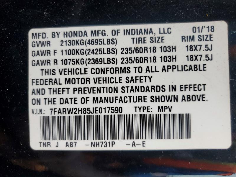 2018 Honda Cr-v მანქანა იყიდება აუქციონზე, vin: 7FARW2H85JE017590, აუქციონის ნომერი: 67076176