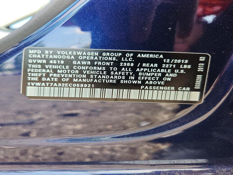 Продажа на аукционе авто 2014 Volkswagen Passat, vin: 1VWAT7A32EC058921, номер лота: 66502606