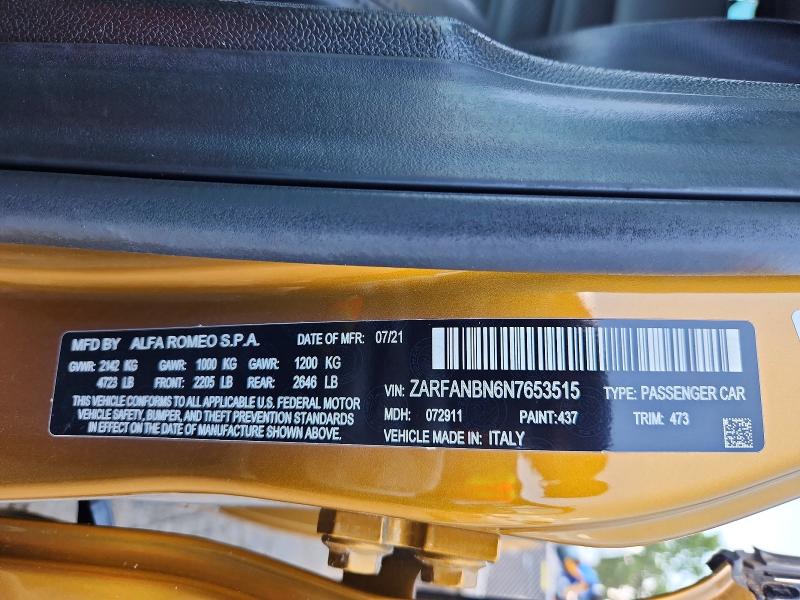 Продаж на аукціоні авто 2022 Alfa Romeo Giulia, vin: ZARFANBN6N7653515, номер лоту: 65080346