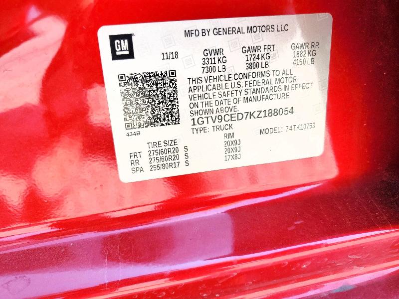 64790786 :رقم المزاد ، 1GTV9CED7KZ188054 vin ، 2019 Gmc Sierra مزاد بيع