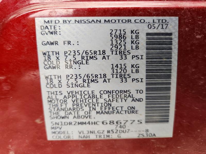 2017 Nissan Pathfinder მანქანა იყიდება აუქციონზე, vin: 5N1DR2MM4HC686775, აუქციონის ნომერი: 64908466