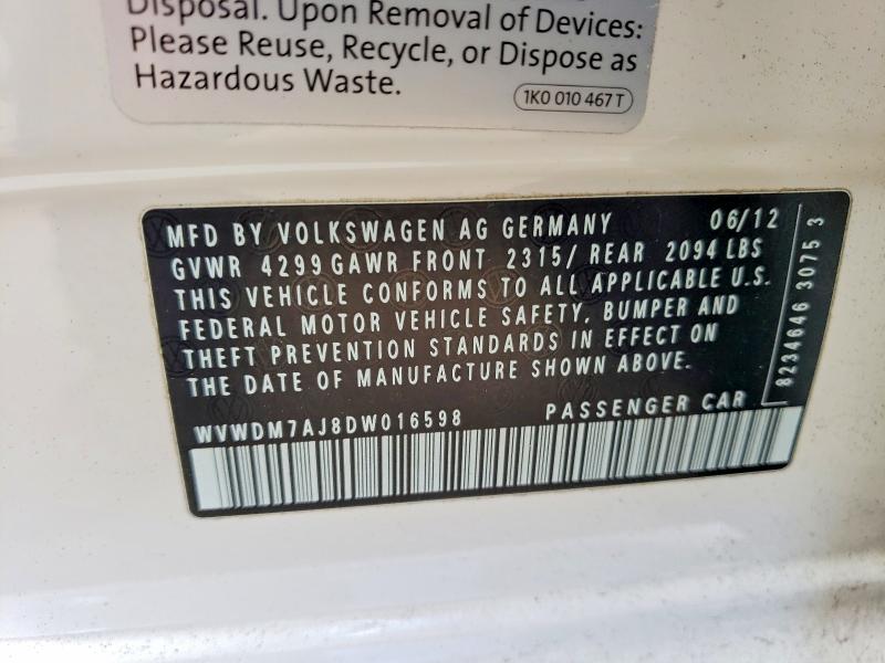 2013 Volkswagen Golf მანქანა იყიდება აუქციონზე, vin: WVWDM7AJ8DW016598, აუქციონის ნომერი: 65813376