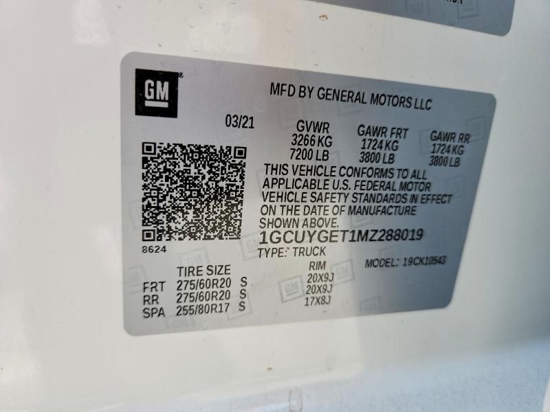 Продажа на аукционе авто 2021 Chevrolet Silverado, vin: 1GCUYGET1MZ288019, номер лота: 65517086