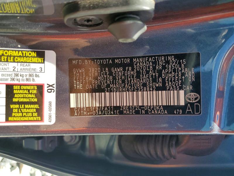64599486 :رقم المزاد ، 2T1BURHE5FC358842 vin ، 2015 Toyota Corolla مزاد بيع