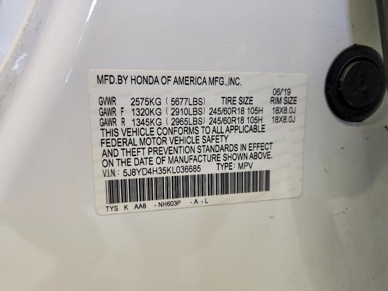 Auction sale of the 2019 Acura Mdx, vin: 5J8YD4H35KL036685, lot number: 65047426
