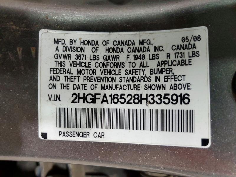 2008 Honda Civic მანქანა იყიდება აუქციონზე, vin: 2HGFA16528H335916, აუქციონის ნომერი: 63539176