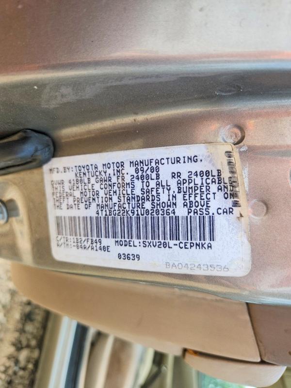2001 Toyota Camry მანქანა იყიდება აუქციონზე, vin: 4T1BG22K91U020364, აუქციონის ნომერი: 67001806